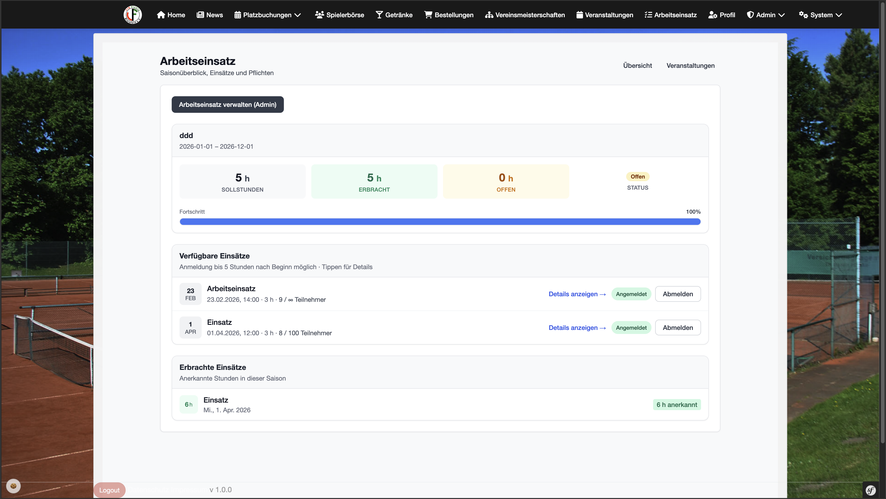 Digitale Organisation von Arbeitseinsätzen im Tennisverein