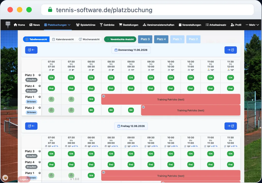 Tennis Buchungssystem mit Platzbelegung und Reservierungen (Dark Mode)