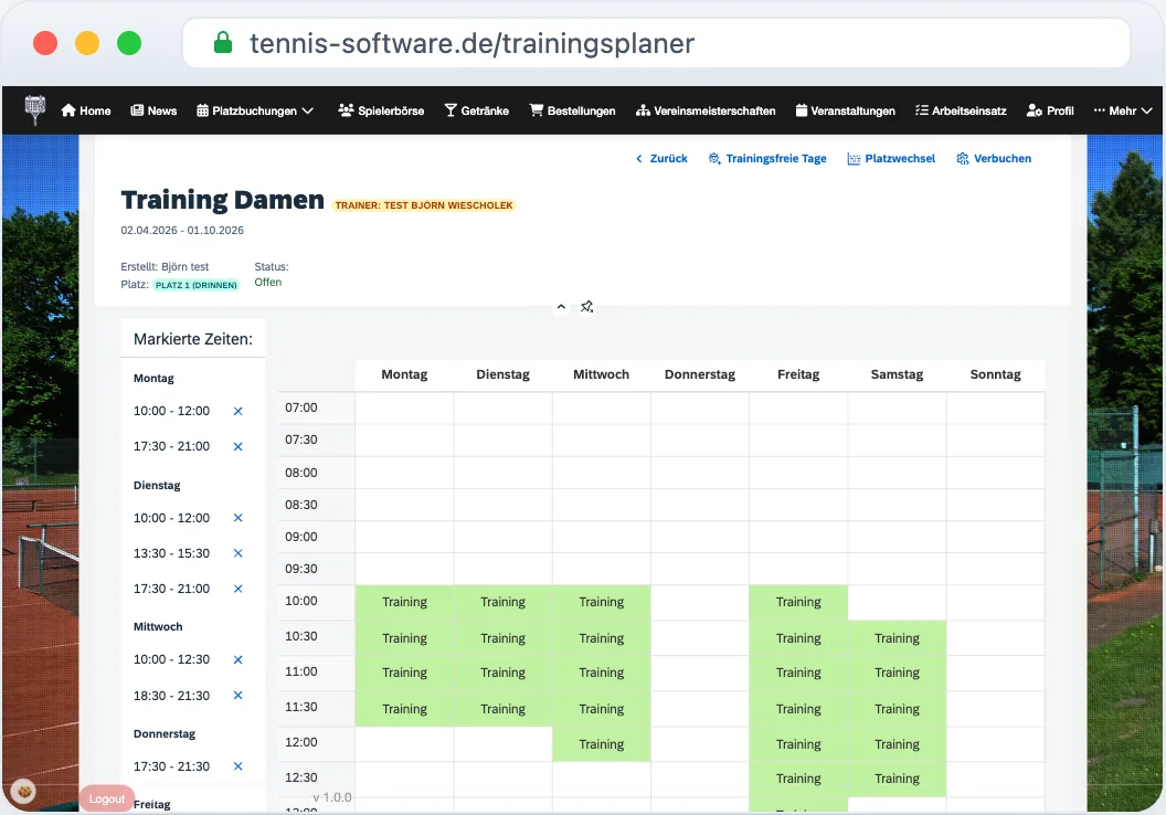 Trainingsplaner – Trainingsgruppen mit Trainer, Platzwechsel und trainingsfreien Tagen