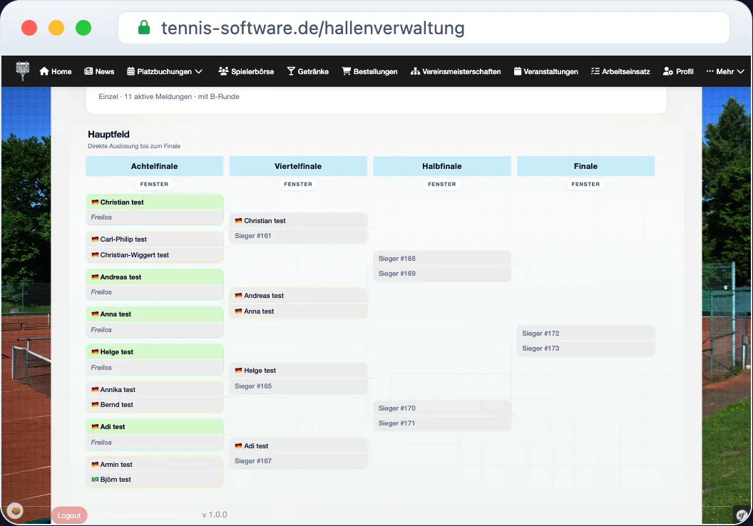 Turnier-Tableau einer Vereinsmeisterschaft mit Hauptfeld, K.-o.-Runde und B-Runde