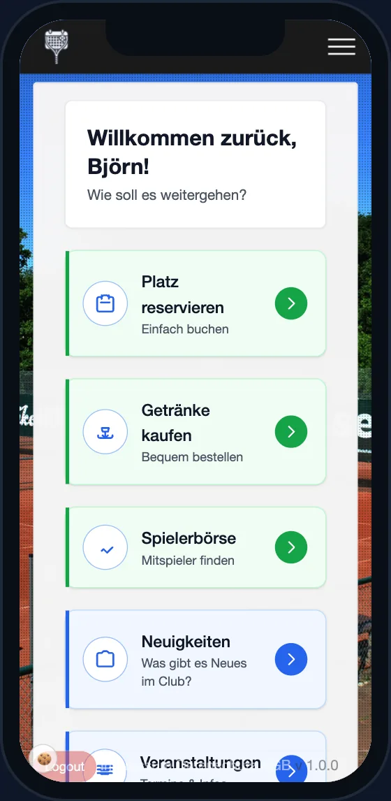 Vereins-App Startbildschirm im Dark Mode