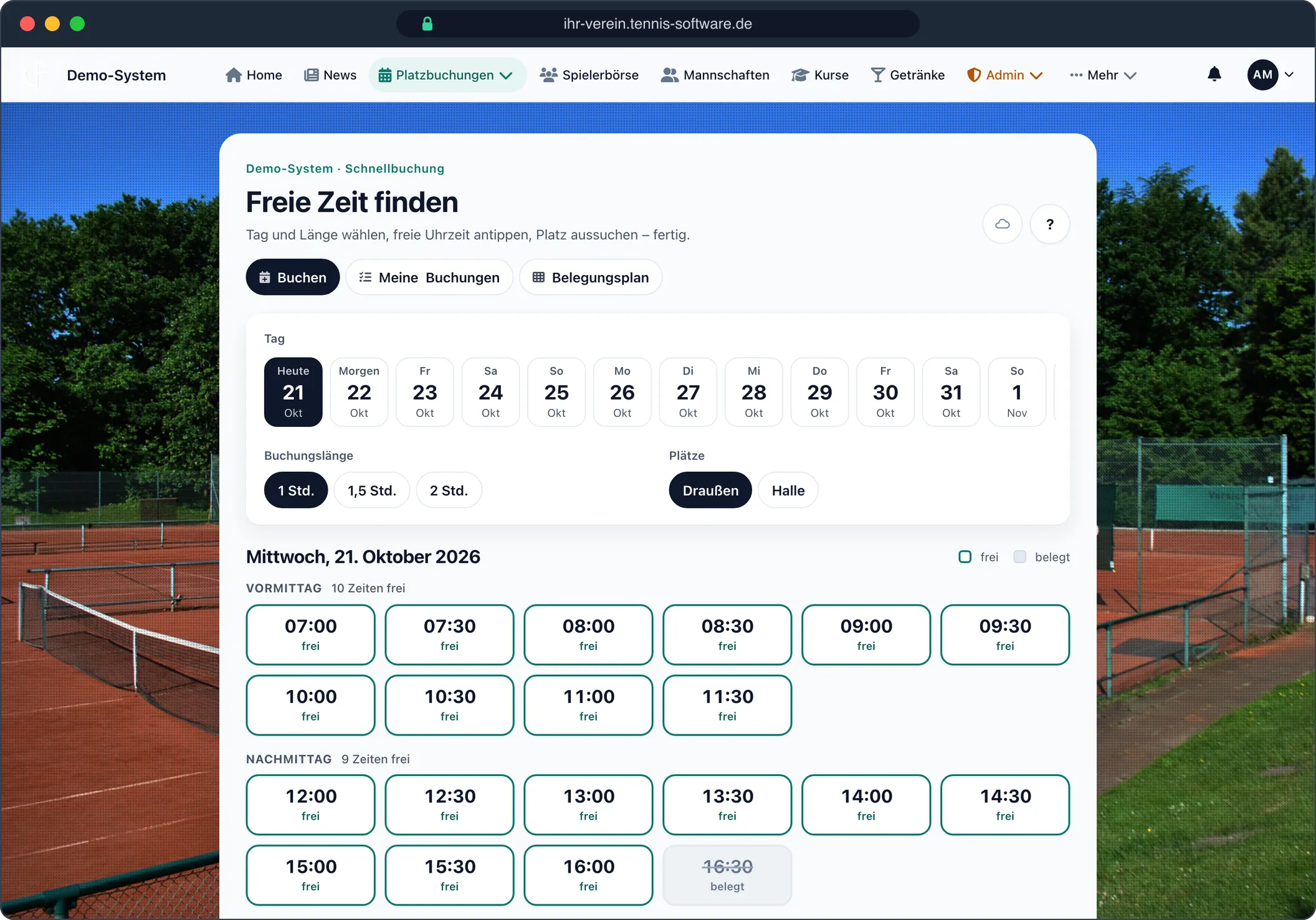 Schnellbuchung: In drei Klicks gebucht – Screenshot aus Tennis-Software.de