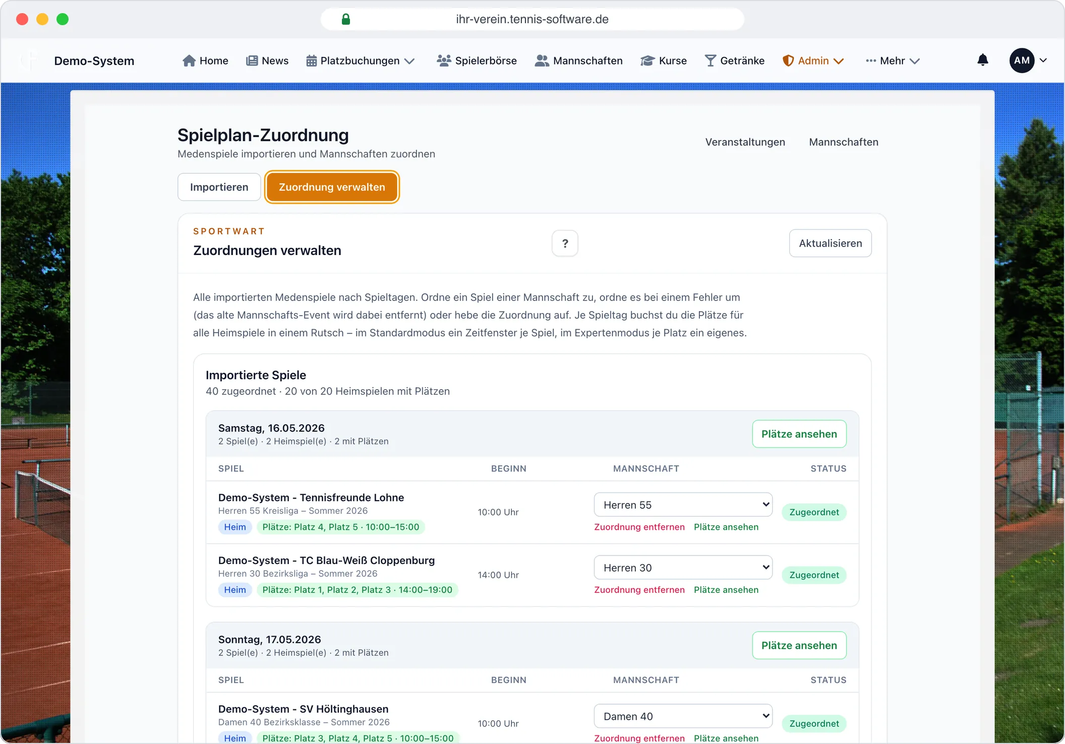 Medenspiele: Verbands-PDF hochladen, Mannschaften zuordnen – Screenshot aus Tennis-Software.de