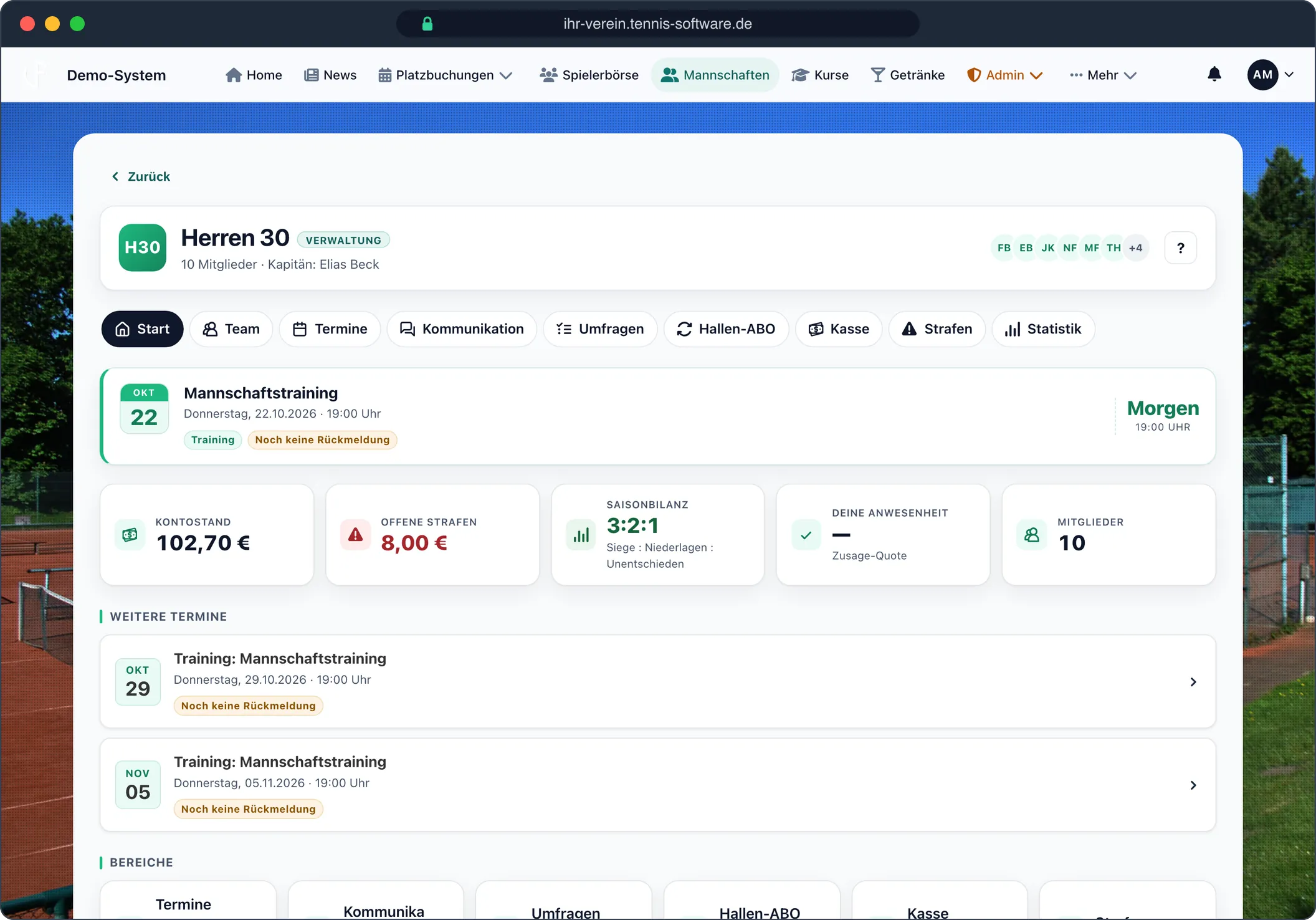Mannschaften: Termine, Kasse, Chat und Bilanz je Mannschaft – Screenshot aus Tennis-Software.de