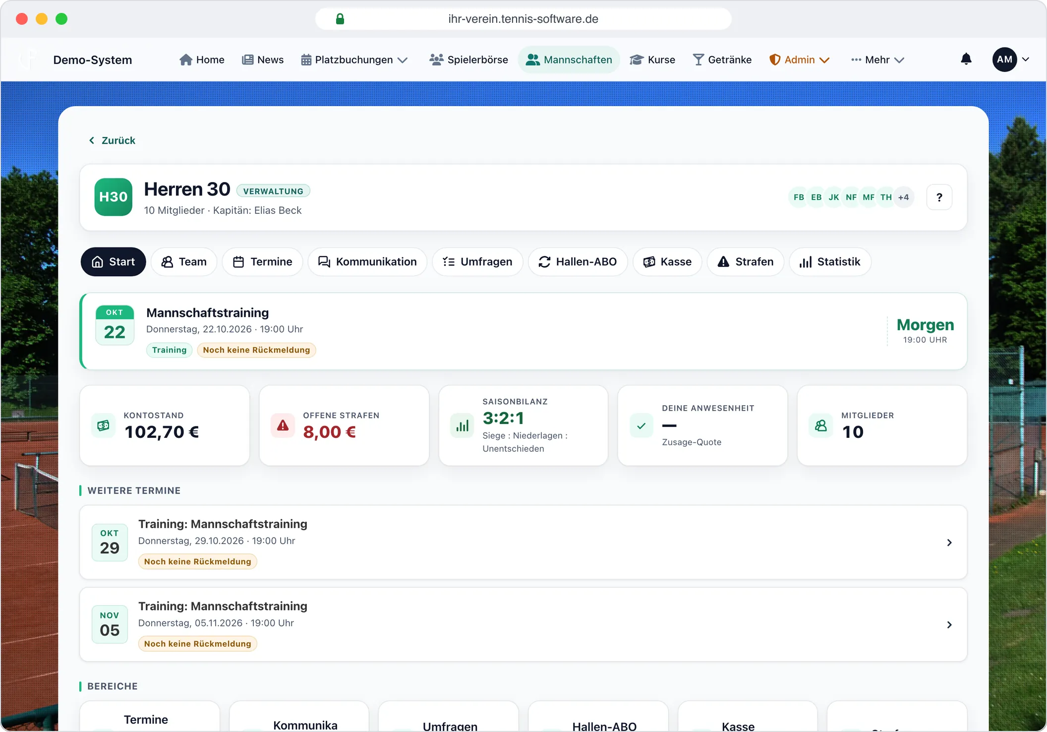 Mannschaften: Termine, Kasse, Chat und Bilanz je Mannschaft – Screenshot aus Tennis-Software.de