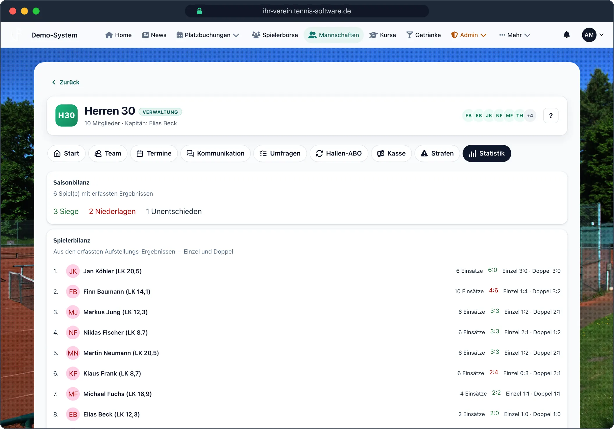 Saison- und Spielerbilanz – Screenshot aus Tennis-Software.de