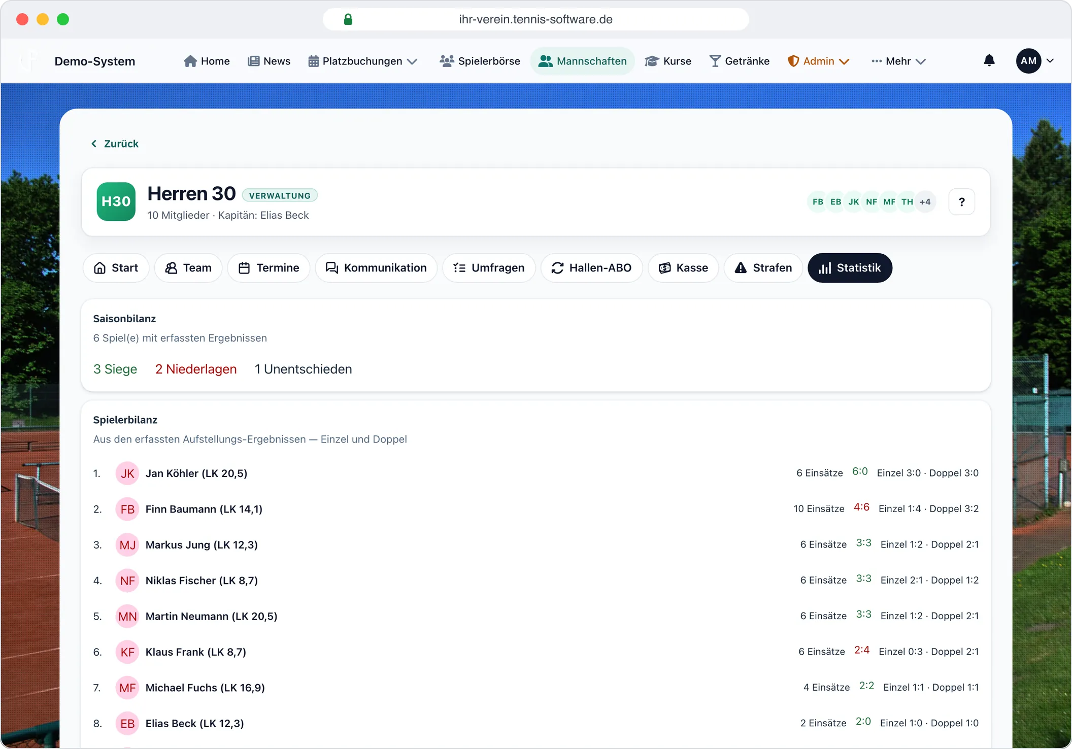 Saison- und Spielerbilanz – Screenshot aus Tennis-Software.de