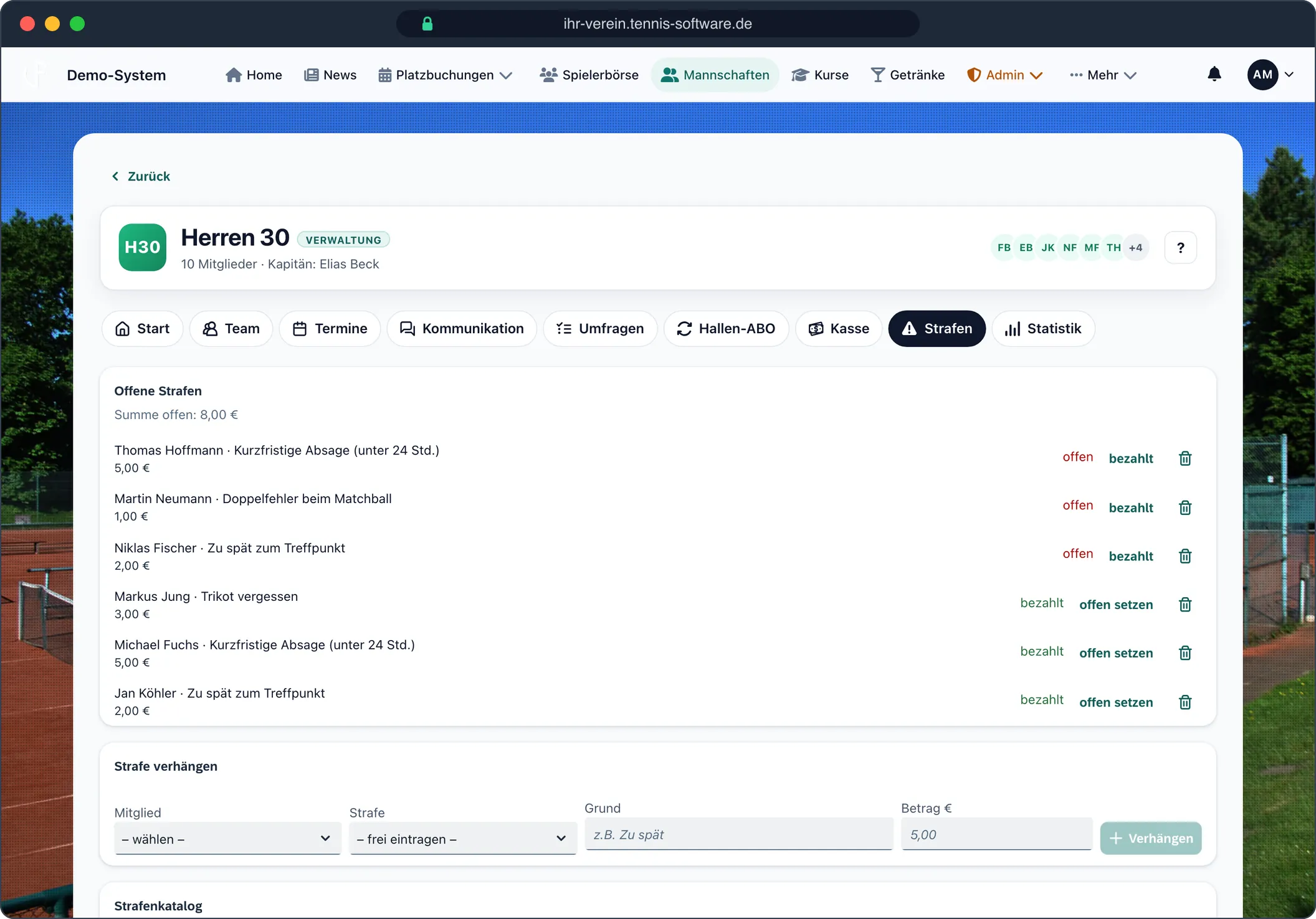 Strafenkatalog – Screenshot aus Tennis-Software.de