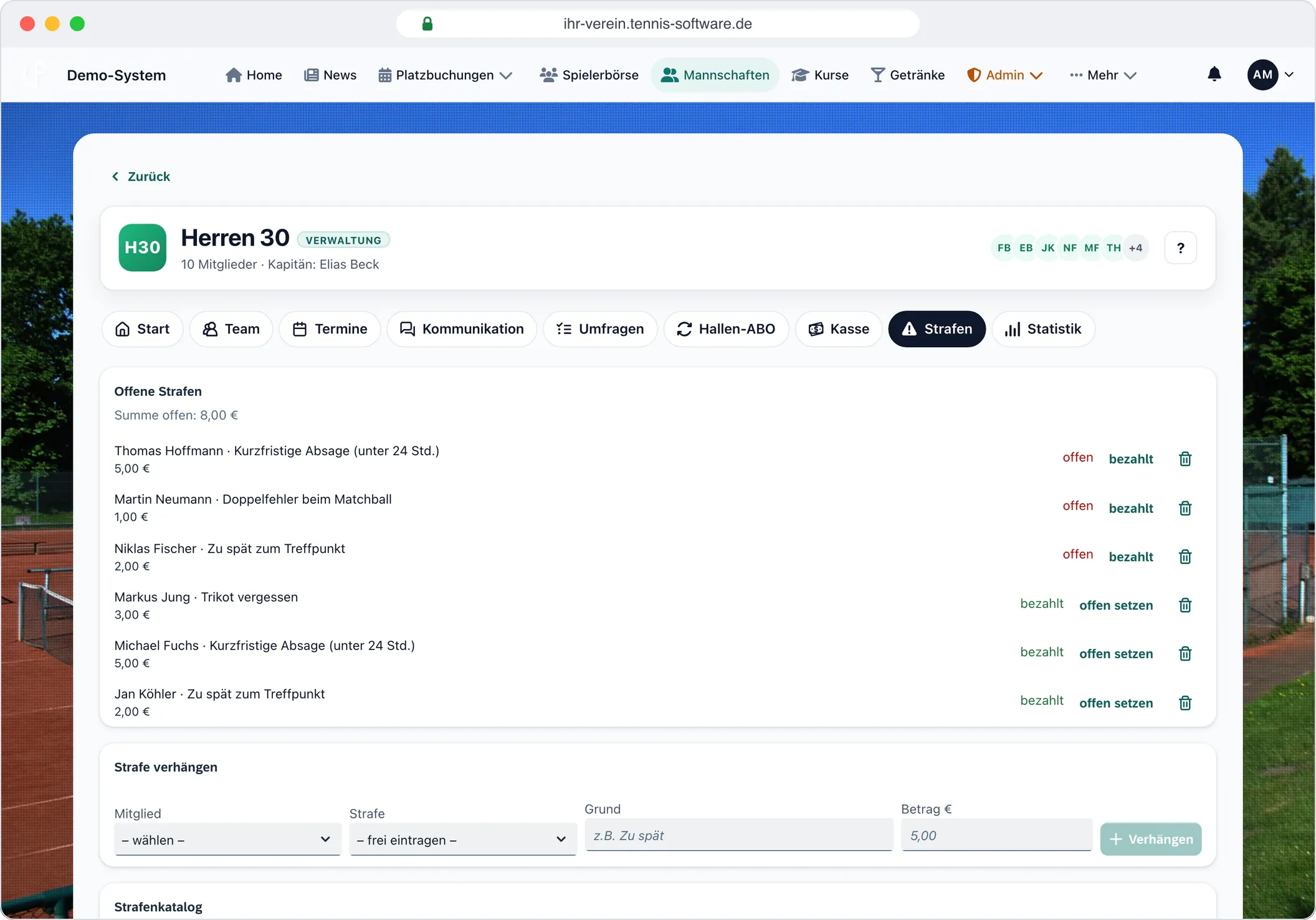 Strafenkatalog – Screenshot aus Tennis-Software.de
