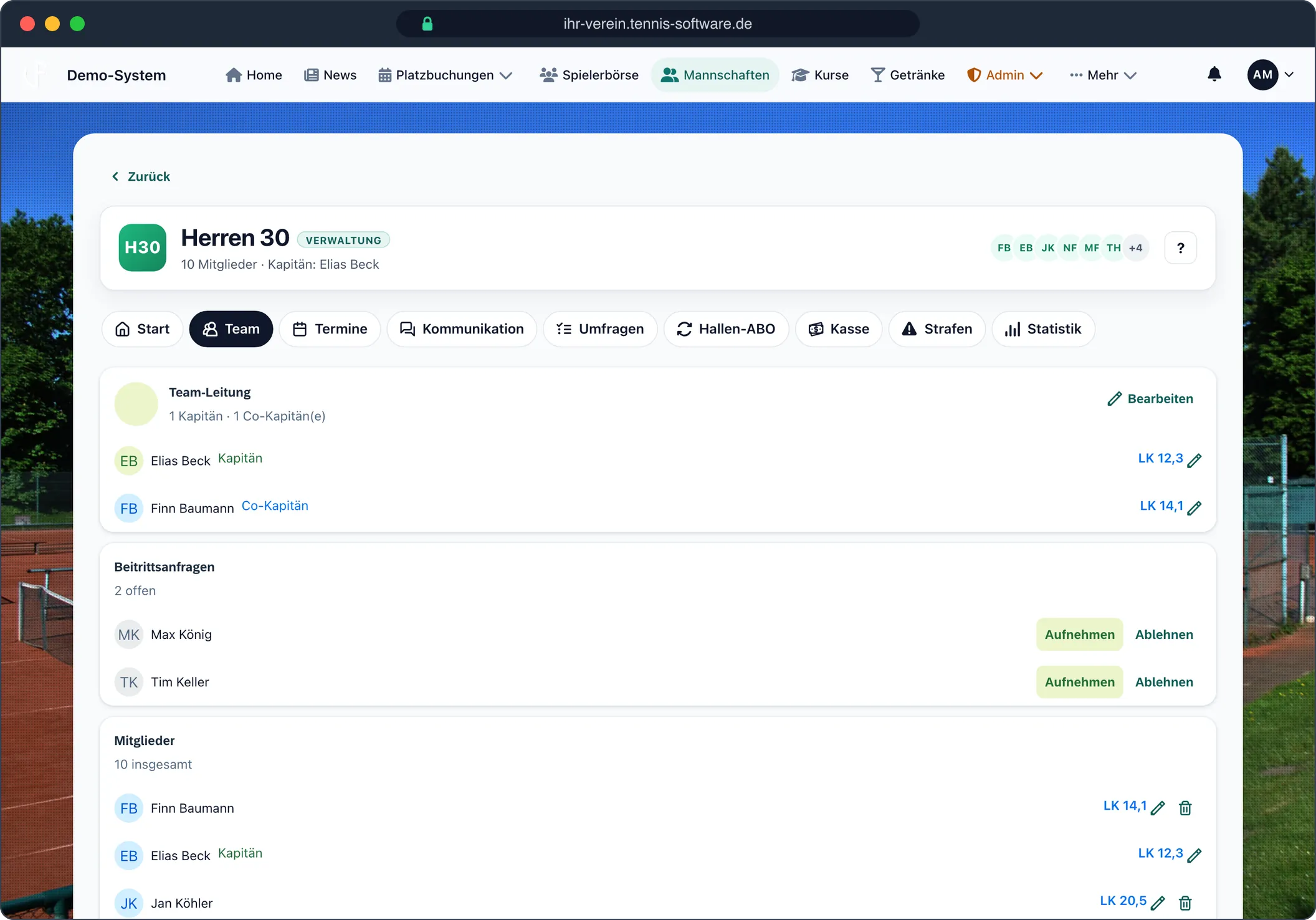 Team, Kapitän und Beitrittsanfragen – Screenshot aus Tennis-Software.de