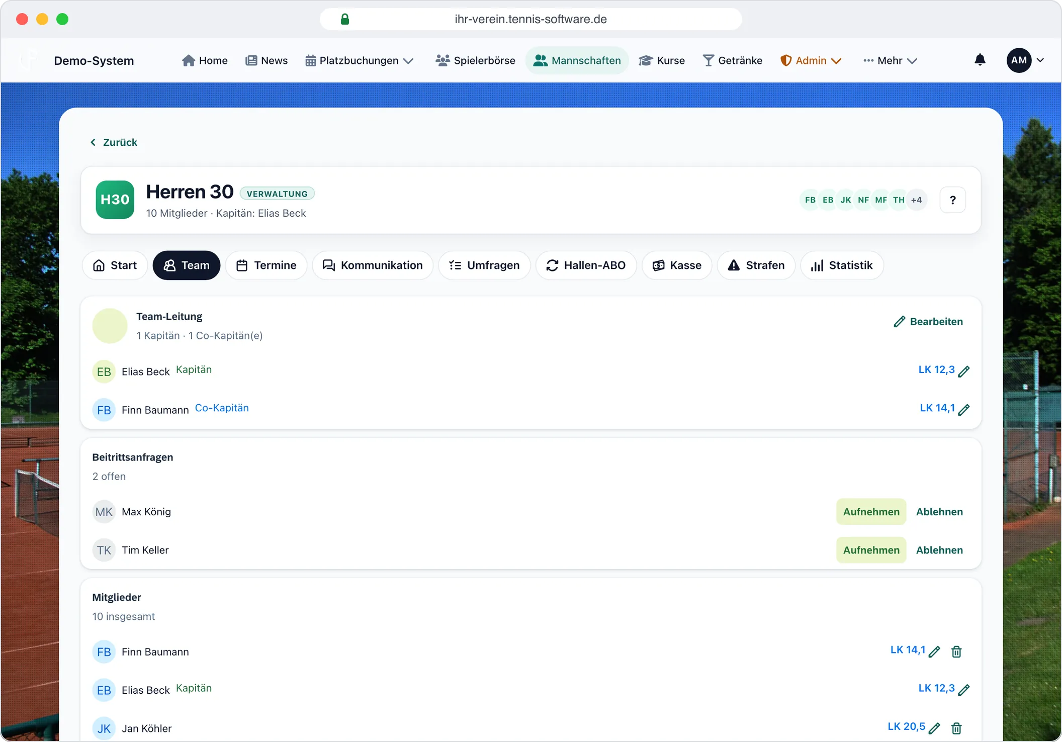 Team, Kapitän und Beitrittsanfragen – Screenshot aus Tennis-Software.de