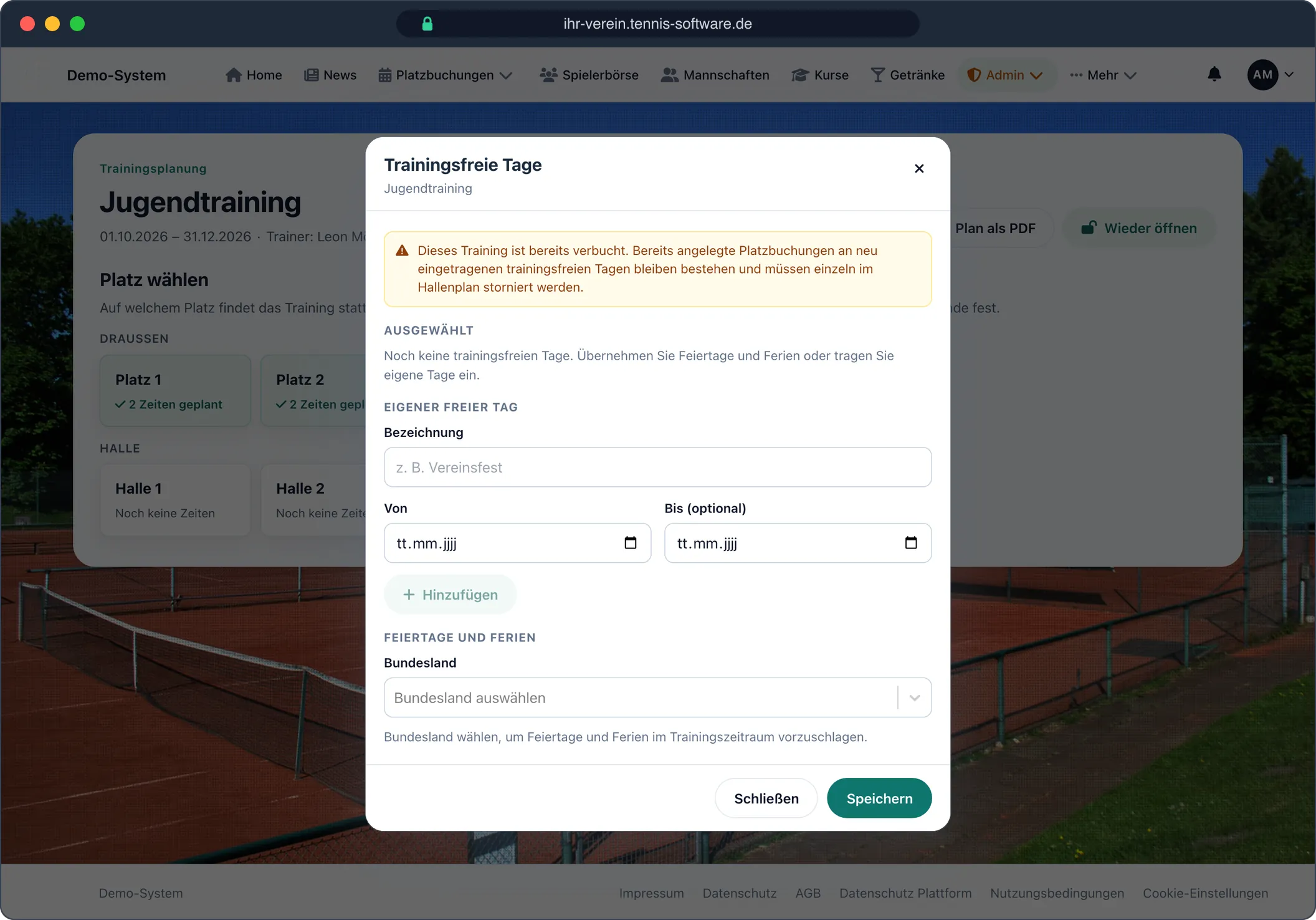 Trainingsfreie Tage – Screenshot aus Tennis-Software.de