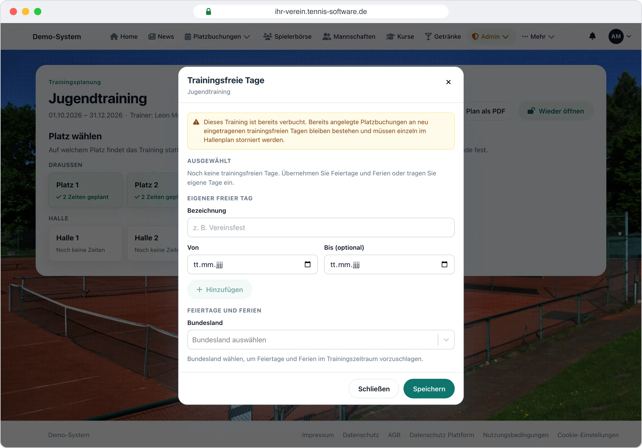 Trainingsfreie Tage – Screenshot aus Tennis-Software.de