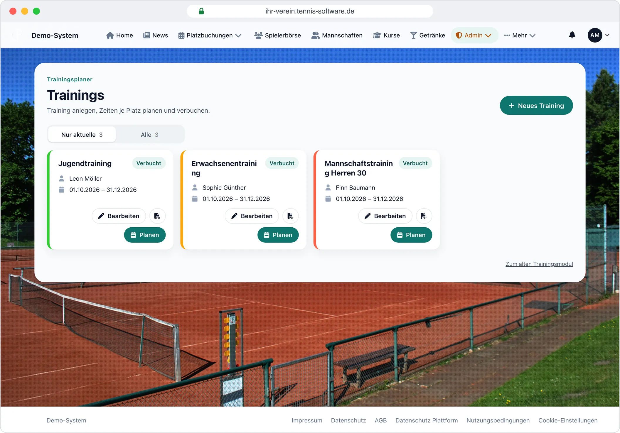 Trainingsplaner – Trainingsgruppen mit Trainer und Zeitraum, direkt auf die Plätze verplant