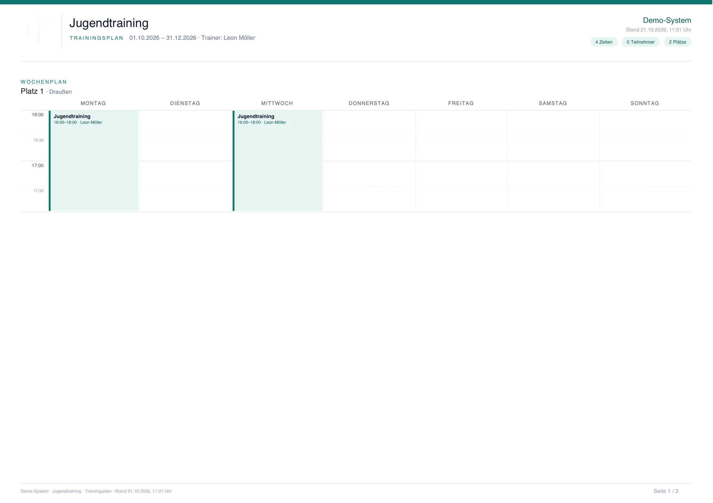 Trainingsplan als PDF – Wochenplan je Platz mit Zeiten und Trainer
