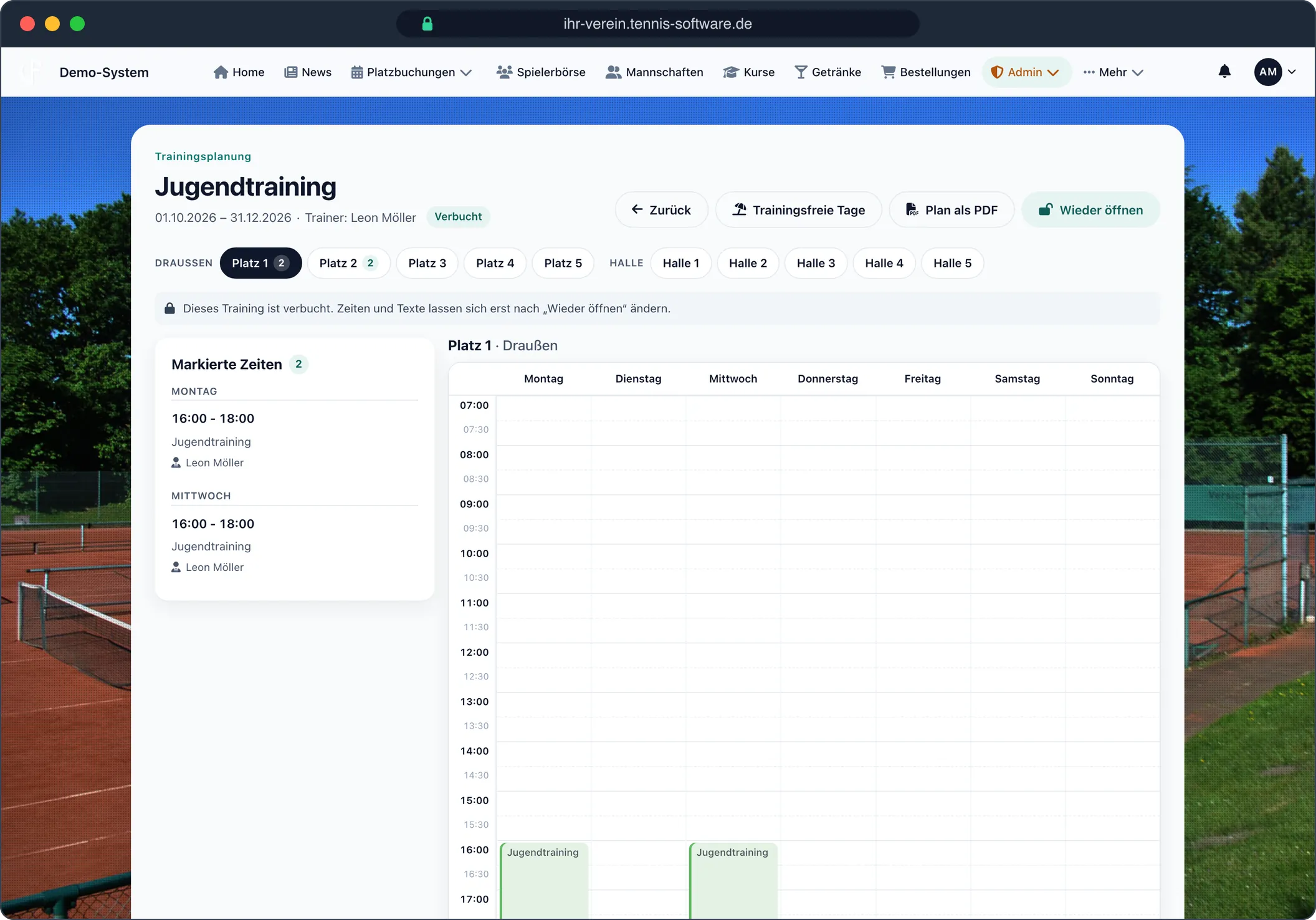 Training: Wochenraster je Platz, Plan als PDF – Screenshot aus Tennis-Software.de
