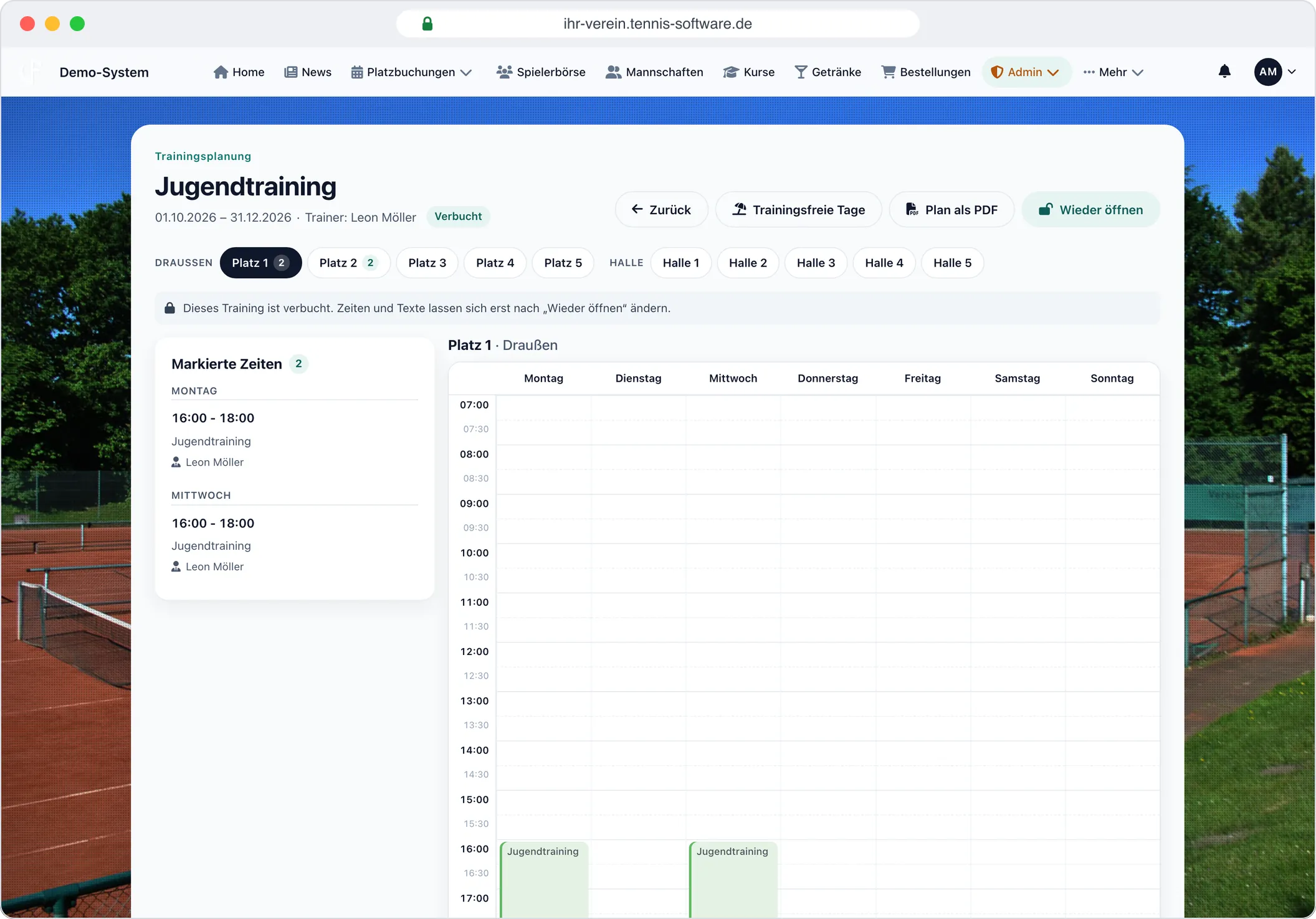 Training: Wochenraster je Platz, Plan als PDF – Screenshot aus Tennis-Software.de
